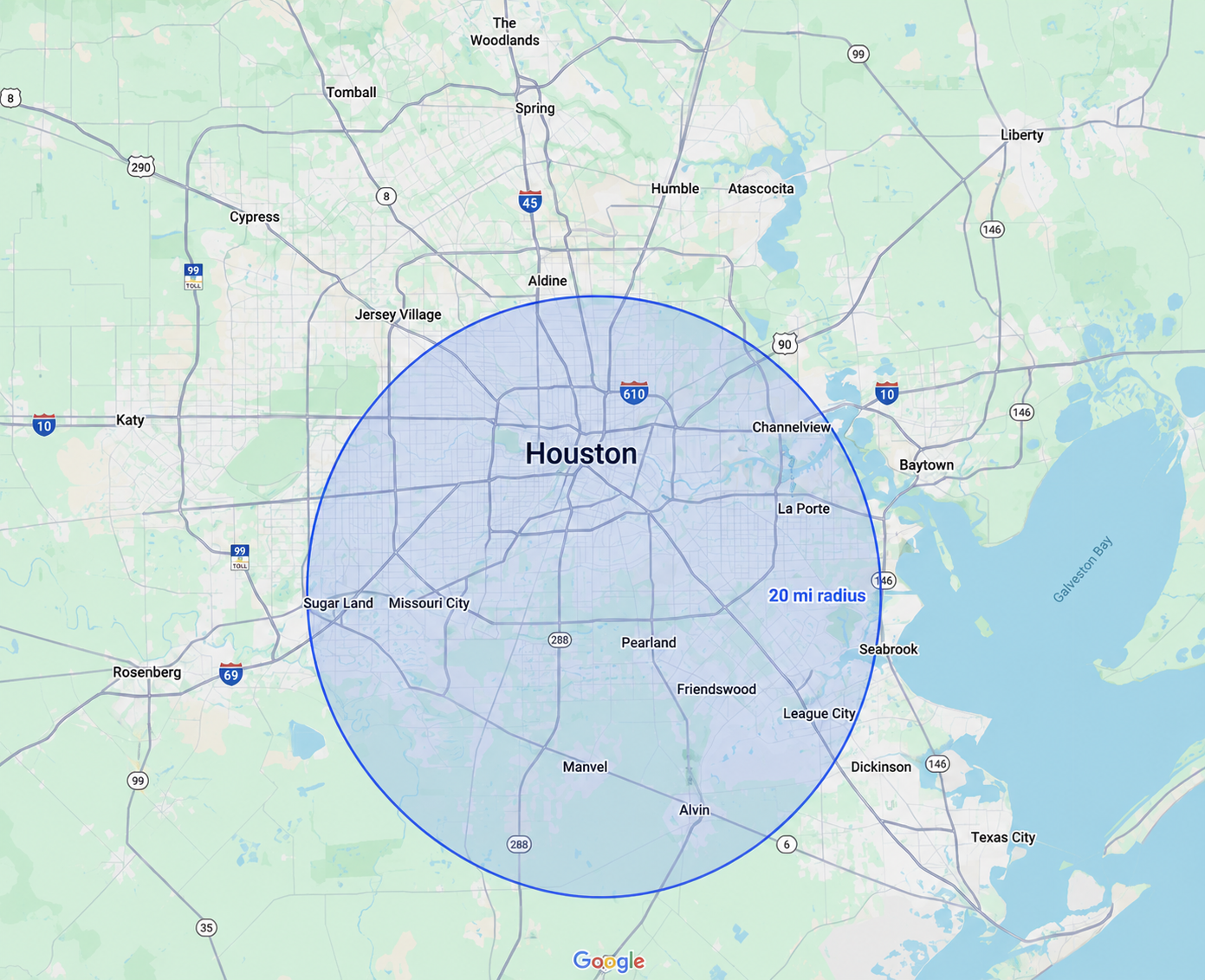 Map showing 20 mile service radius around Houston covering Pearland, Sugar Land, Missouri City, League City, Pasadena and surrounding areas